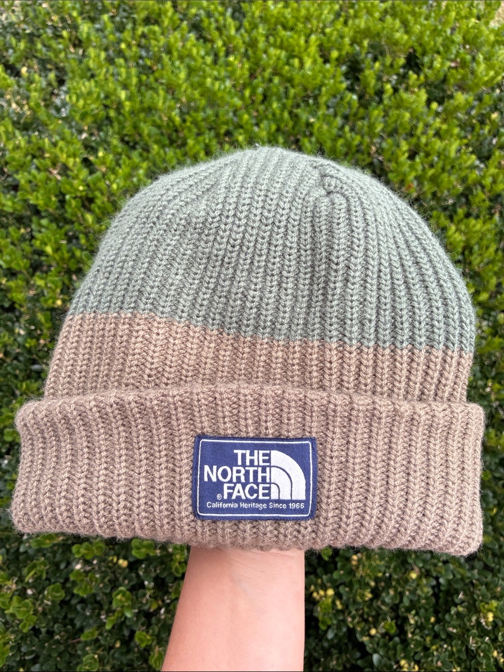 The North Face Olive Green & Taupe Two-Tone Ribbed Beanie